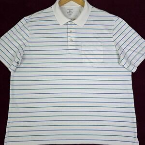George Mens XL White Striped Short Sleeve Pocket Polo Shirt Blue Green Golf